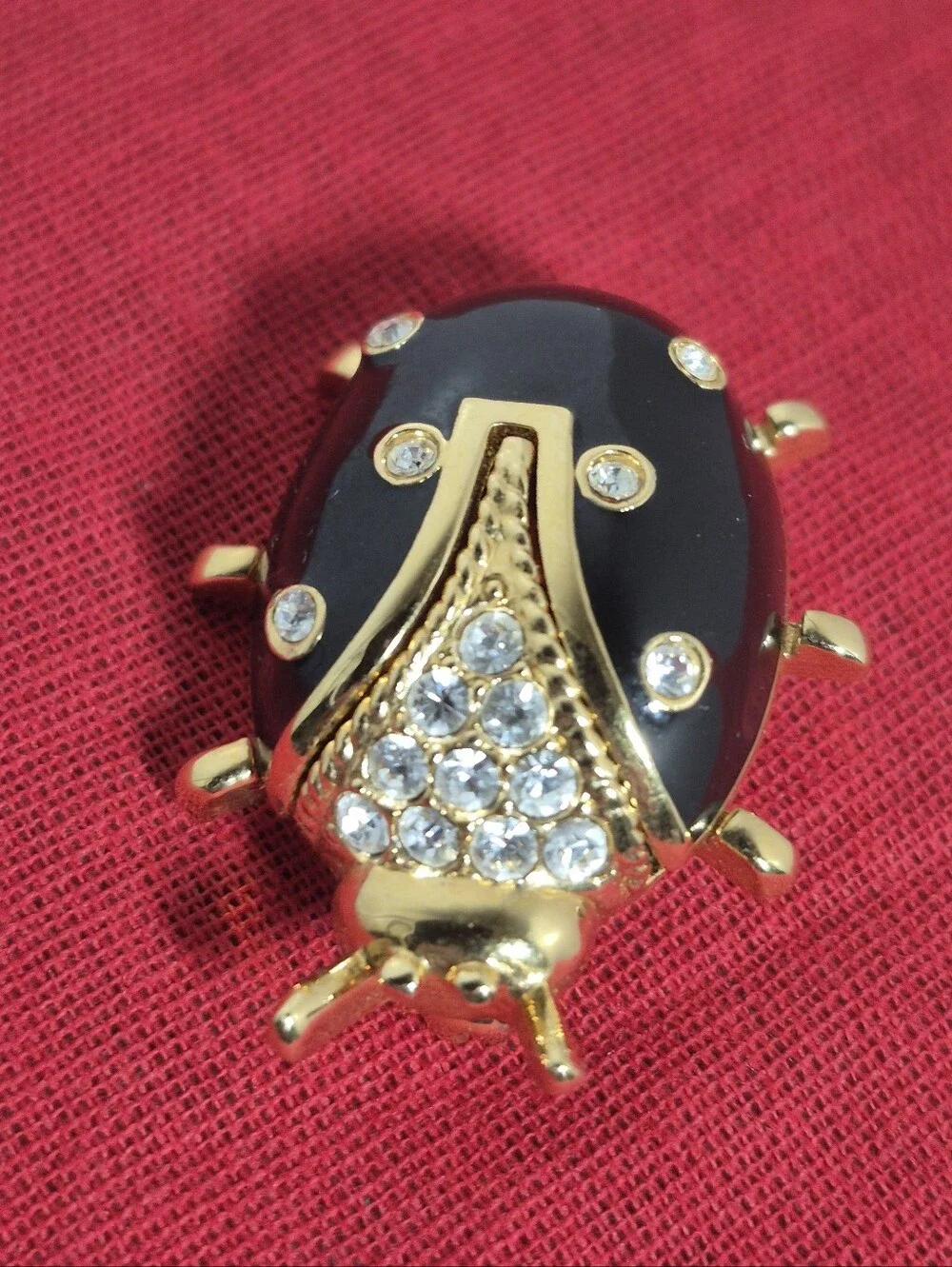 Vtg. St. John Gold-tone Black Enamel and Crystal Rhinestone Ladybug Brooch/Pin